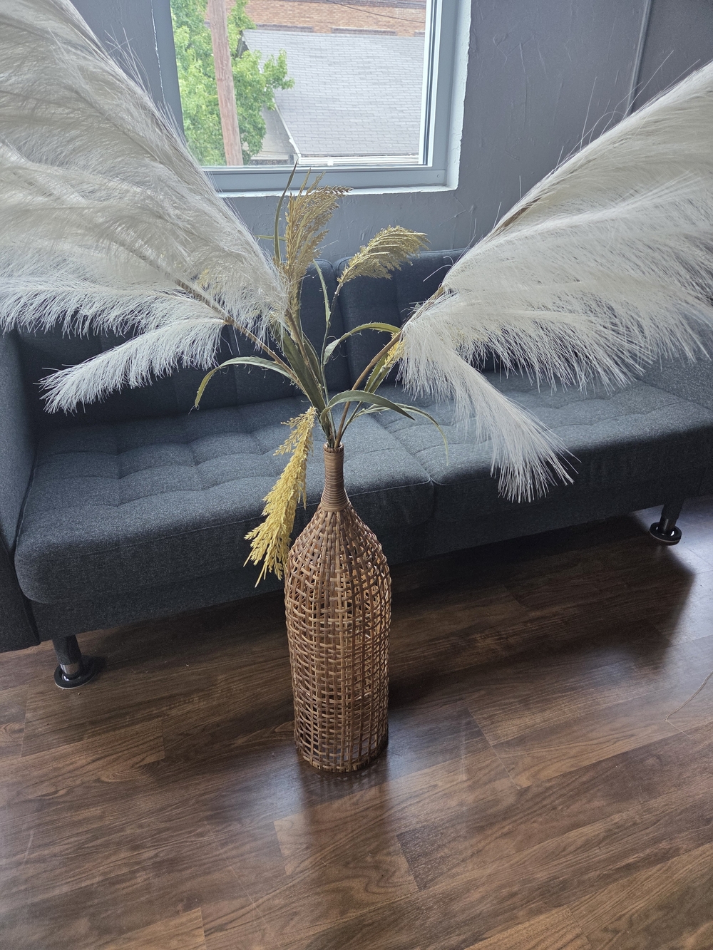 Woven Rattan Floor Vase with White Pampas Grass and Gold Accents